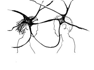 Zeichnung von den Umrissen von zwei menschlichen Köpfen, die durch Synapsen miteinander verbunden sind