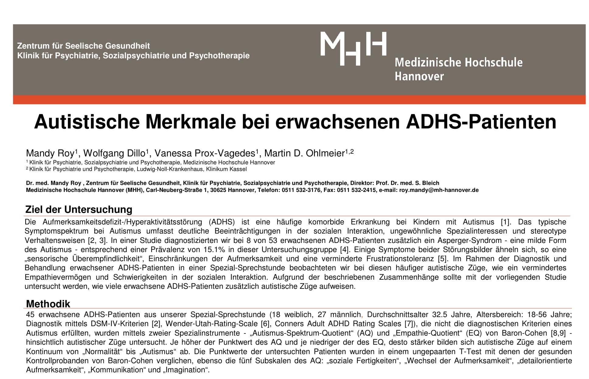 Screenshot der Studie zu ADHS und Autismus - Medizinische Hochschule Hannover